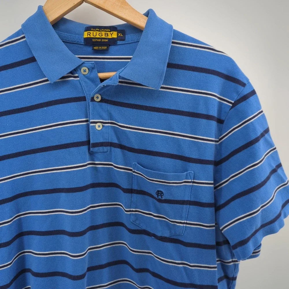 Ralph Lauren Rugby Polo‎ Shirt Men's XL Multicolor Stripe Pony Blue White Preppy